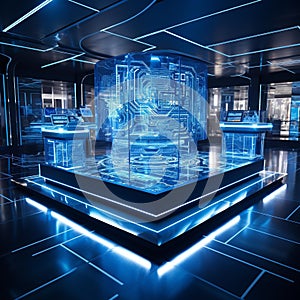 Futuristic Laboratory: Holographic Code Display & Robotic Arms