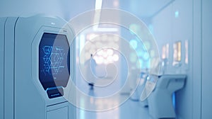 A futuristic laboratory scene showcasing advanced AI technology. A sleek machine displays a network interface in a clean blue