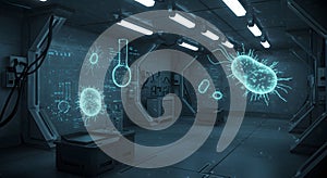 Futuristic Laboratory Science Room with Digital Microorganisms and Technology