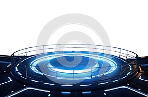 Futuristic landing platform. Isolated transparent PNG. blue neon futuristic glow.