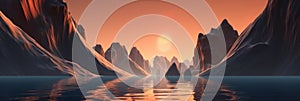 futuristic landscape with cliffs and water. Modern minimal abstract background. Spiritual zen wallpaper with sunset or sunrise