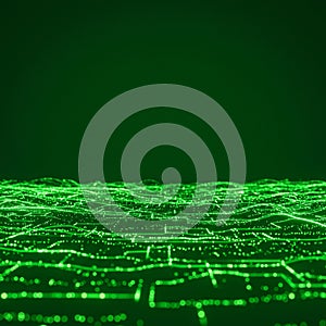 Futuristic landscape composed of interconnected green lines and glowing points,