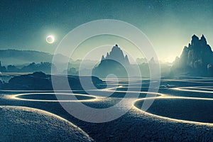 A futuristic landscape of a desert, marked by unique spiral lines. Generative AI photo