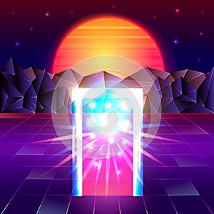 Futuristic landscape in neon colors, retro style with laser grid.