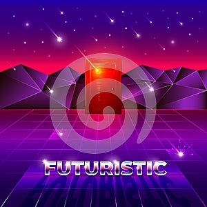 Futuristic landscape in neon colors, retro style with laser grid.