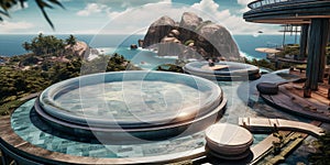 Futuristic landscape of sea ocean with luxury swimming pool with palm tree in hotel pool resort. White cloud blue sky