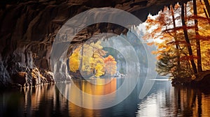 Futuristic Landscape: Vibrant Fall Colors Surrounding A Cave By A Lake