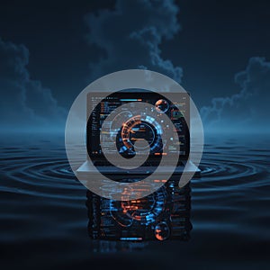 Futuristic Laptop with Code and Data Interface on Water
