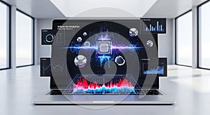Futuristic laptop displaying advanced data analytics and ai processor visualization 77