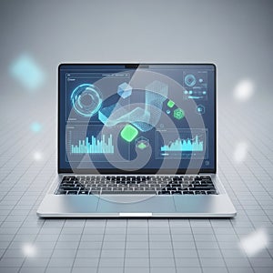 A futuristic laptop displaying a complex data visualization interface with glowing graphics