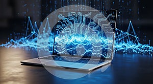 Futuristic laptop displaying digital data streams and energy waves