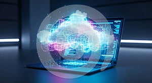 Futuristic laptop displaying glowing cloud data abstract emerging from screen