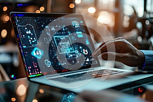 Futuristic laptop interface with hand interaction, digital technology illustration