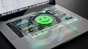 Futuristic Laptop Interface with Smiley Face and Data
