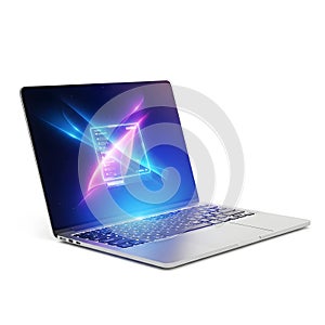 Futuristic Laptop with Neon Interface on White Background