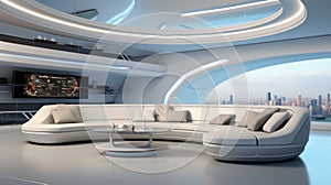 Futuristic large Living room in refined style mainly in light grey color with large rings for lighting and a wide view