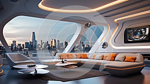 Futuristic large Living room in refined style mainly in light grey color with some orange rings for lighting and a large view