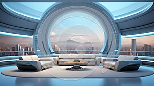 Futuristic large Living room in very refined style mainly in light blue color with large rings for lighting and an ultra wide view