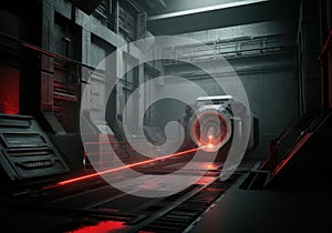 Futuristic laser device in a high-tech industrial environment