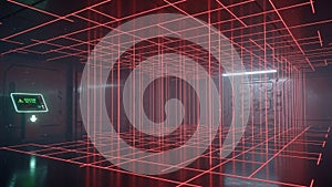 Futuristic Laser Grid Security System in High-Tech Corridor