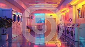 Futuristic laundromat with neon lights and sleek washing machines. High-tech laundry facility. Concept of technology