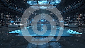 Futuristic library books digital technology ai learning knowledge information data center cyberspace study