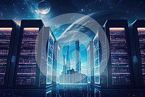 futuristic library data center, with rows of servers and high-tech electronics