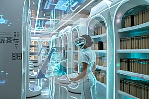 Futuristic Library with Woman Using Advanced Technology photo