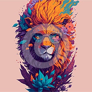 Futuristic Lion Head with Flower and Sunglasses on Clean Background. Vintage Vector Painting Style Design with Floral photo
