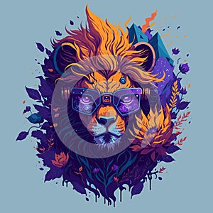 Futuristic Lion Head with Flower and Sunglasses on Clean Background. Vintage Vector Painting Style Design with Floral photo