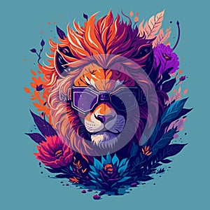 Futuristic Lion Head with Flower and Sunglasses on Clean Background. Vintage Vector Painting Style Design with Floral photo