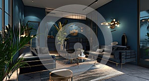 futuristic living room with blue walls and black furniture