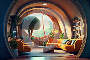 A futuristic living room interior, featuring sleek furniture, cutting-edge technology, and a sophisticated design that