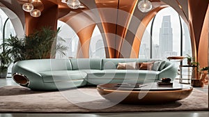 a futuristic living room interior, highlighting a cutting-edge and exceptionally comfortable sofa as the centerpiece