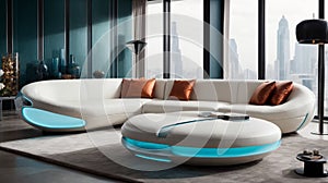 a futuristic living room interior, highlighting a cutting-edge and exceptionally comfortable sofa as the centerpiece