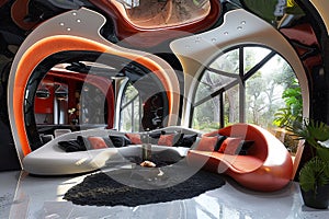 Futuristic living room, modern future smart comfortable cosy, apartment house, design decor luxury interior relaxation