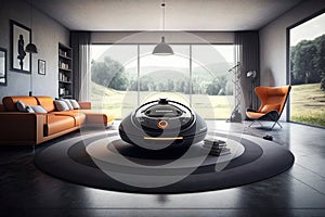 a futuristic living room, with a sleek and stylish android robot vacuum cleaner in the center of the room