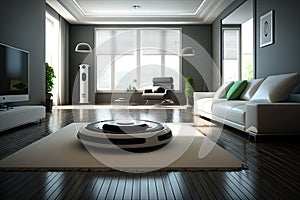 a futuristic living room, with a sleek and stylish android robot vacuum cleaner in the center of the room