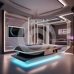 A futuristic living space with cutting-edge holographic displays and AI-controlled furniture1