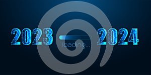 Futuristic Loading from 2023 to 2024 business web banner on dark blue. Planning, New Year golas
