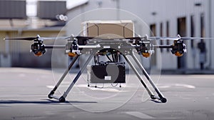 Futuristic logistics technology displayed as commercial delivery drone hovers outdoors with a parcel