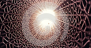 Futuristic looking metal grid tube pattern, light at the end