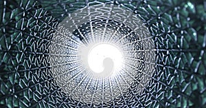 Futuristic looking metal grid tube pattern, light at the end