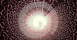 Futuristic looking metal grid tube pattern, light at the end