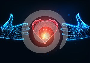 Futuristic love concept with glowing low polygonal two human hands trying to reach a red heart