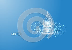 Futuristic low polygonal water drop with splash ripples made of lines, dots on blue