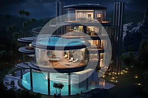 Futuristic luxury glass villa with swimming pool over night background. Generative AI