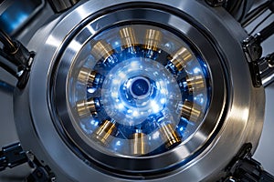 Futuristic machinery with glowing components is arranged in a complex manner within a high-tech environment