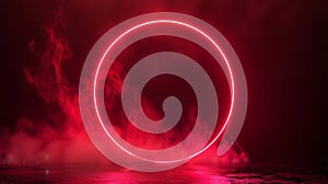 The futuristic magic glowing music stage graphic is made with an abstract red neon circle light frame with clouds of