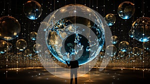 Futuristic man interacting with digital innovation network and advanced technology